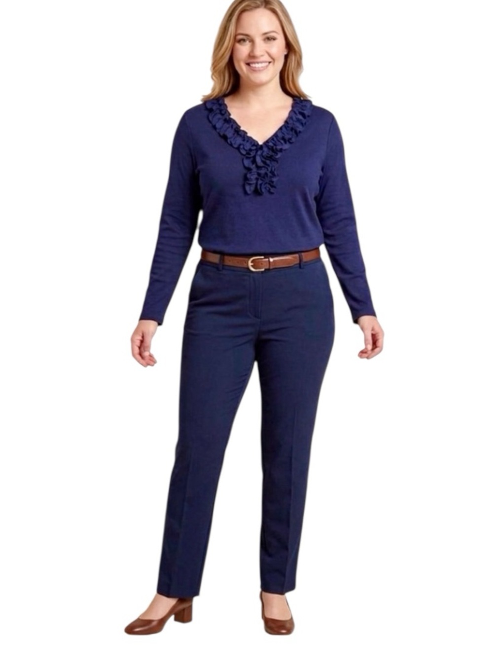 Chaps Navy Blue V-Neck Women's Tee with Ruffles, XL Size - Picture 4 of 12